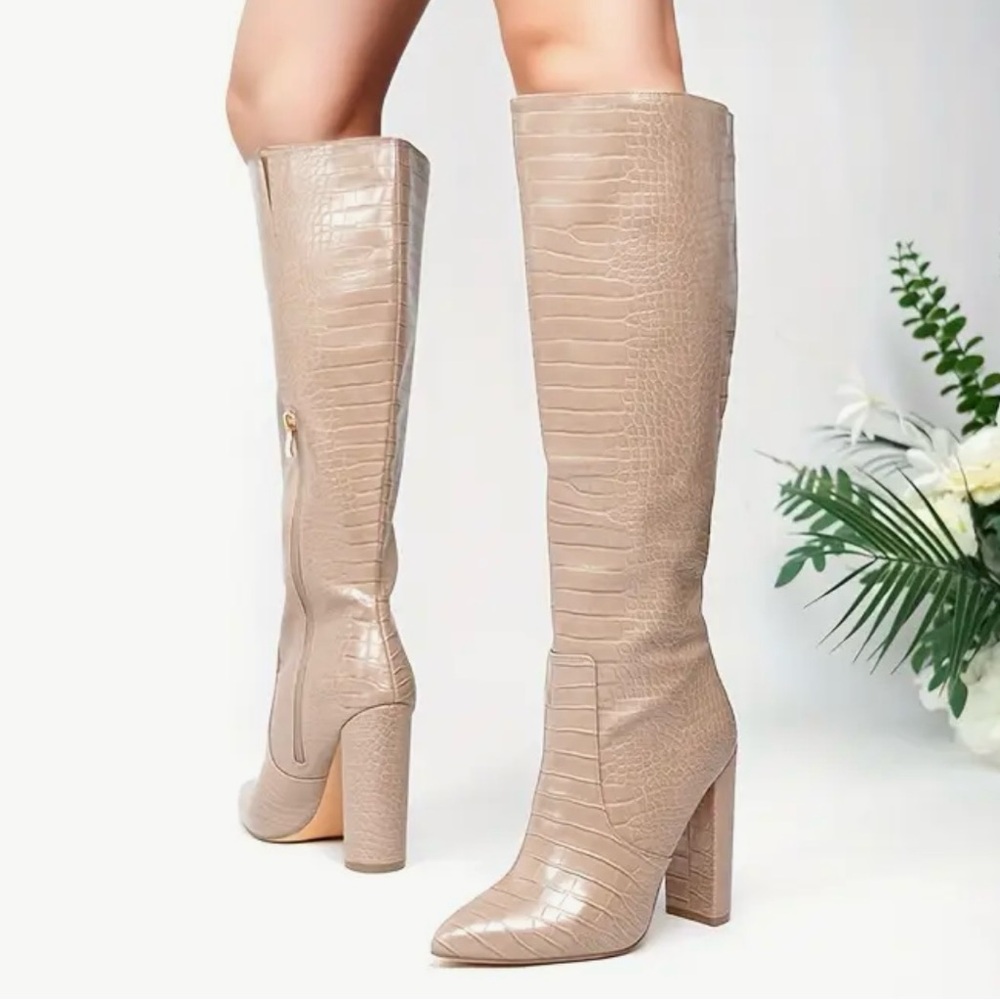 Stylish Tan Crocodile Embossed Block Heeled Boots